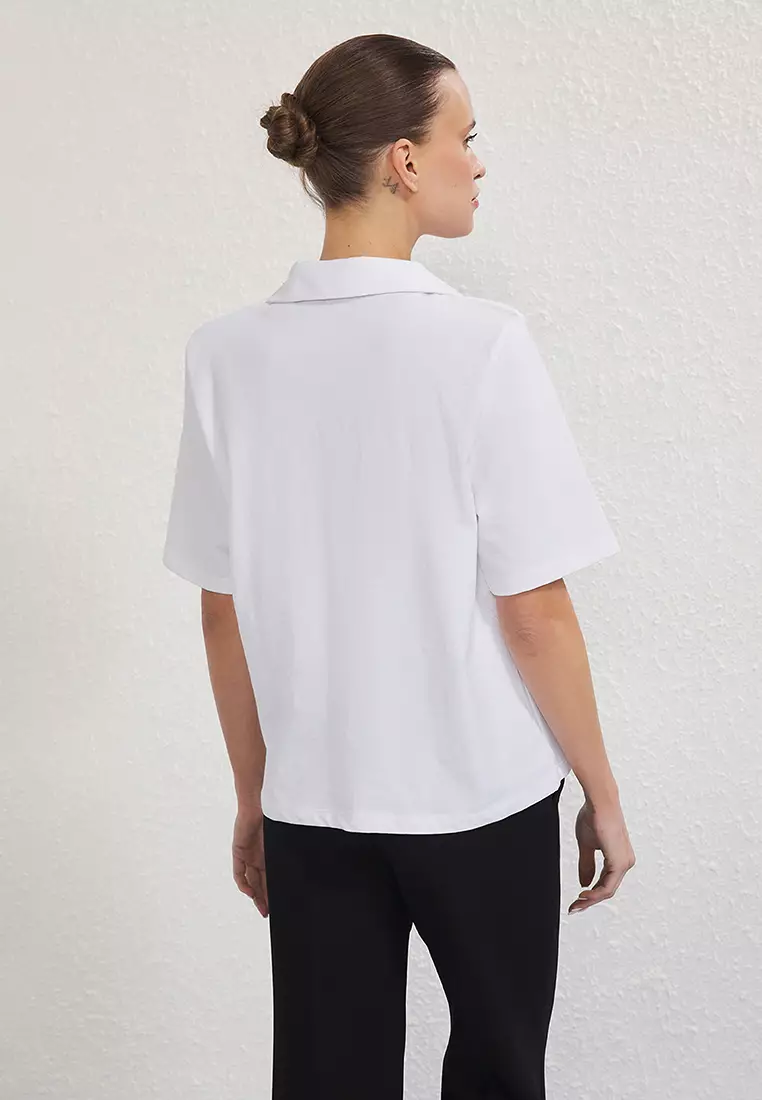 Ecru Cotton Padded Polo Collar Regular/Normal Pattern Knitted T-Shirt TWOSS25TS00195