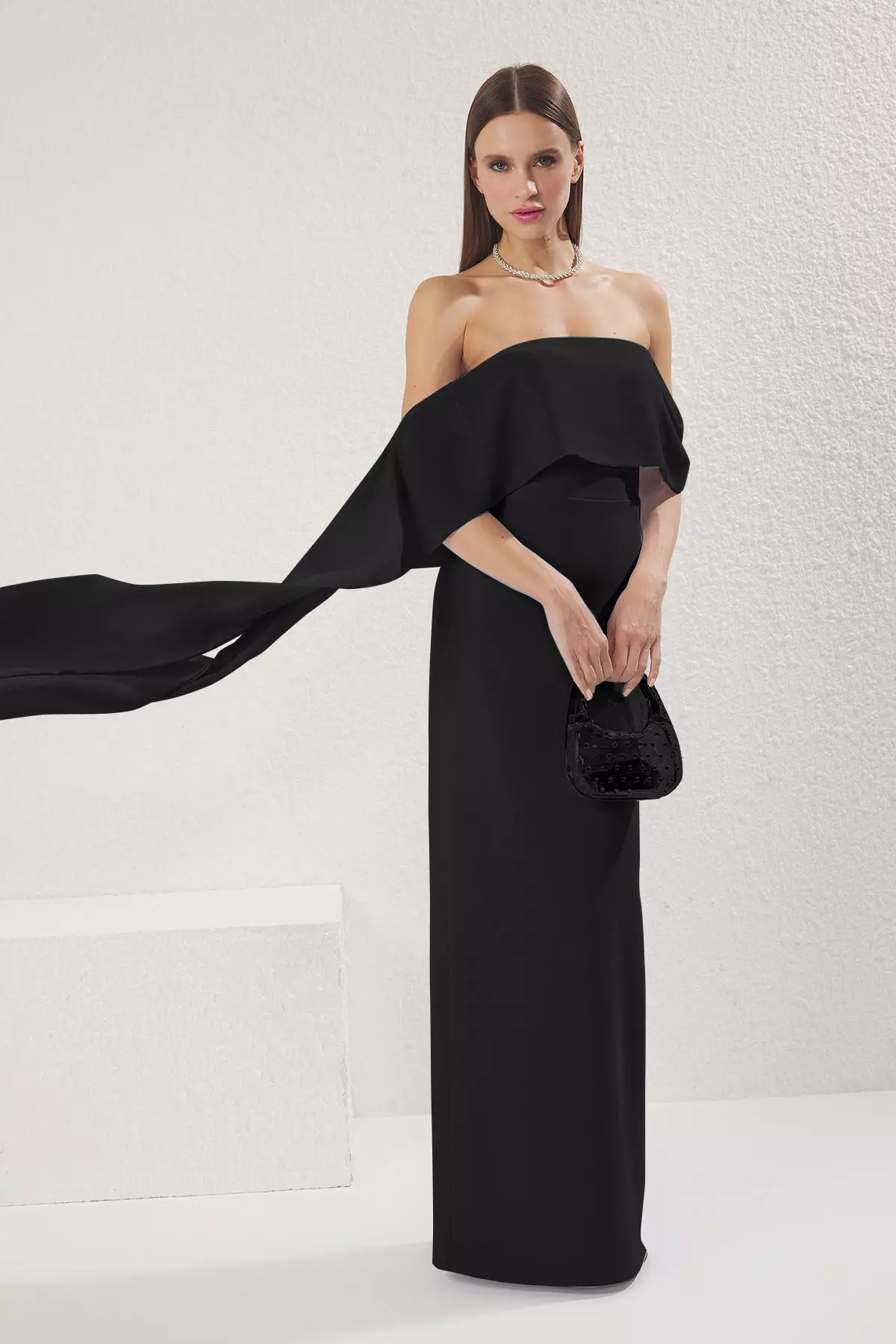 Black Carmen Collar Long Elegant Evening Night Graduation Dress