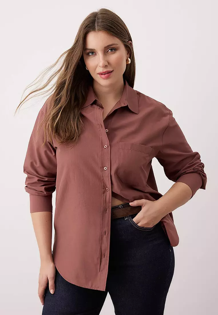 Brown Loose Fit Cotton Long Sleeve Plus Size Woven Shirt