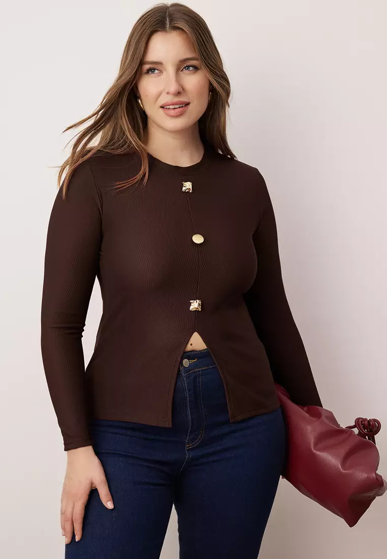 Brown Accessory Buttoned Long Sleeve Ribbed Knitted Plus Size Blouse Tbbaw26Af00078