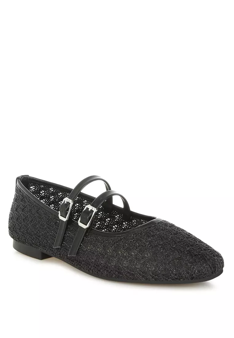 Pin Buckle Strapped Ballerinas In Black