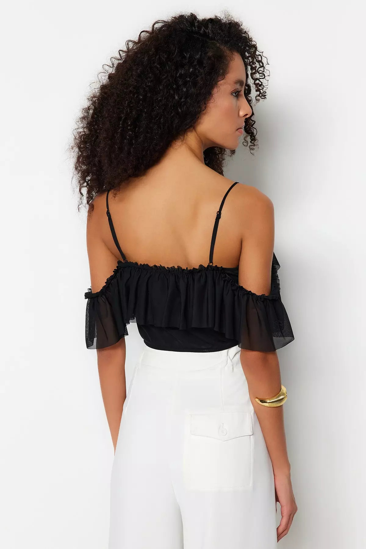 Black ruffle best sale bardot top