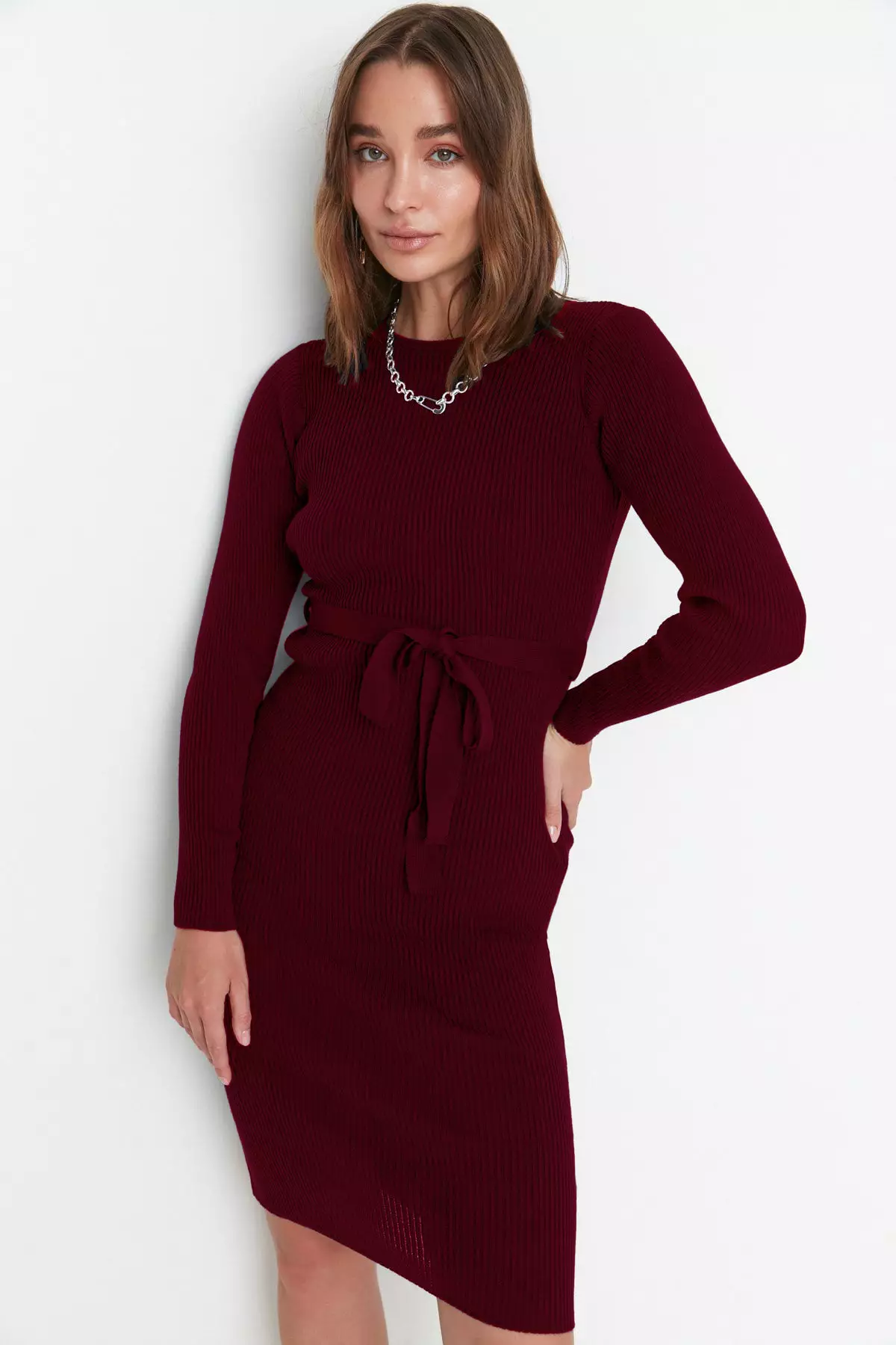 Burgundy Midi Knitwear Belt Detailed Dress