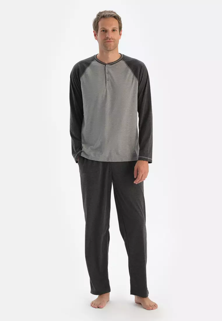 Grey Melange T-Shirt & Trousers, Crew Neck, Regular Fit, Long Sleeve Sleepwear for Men