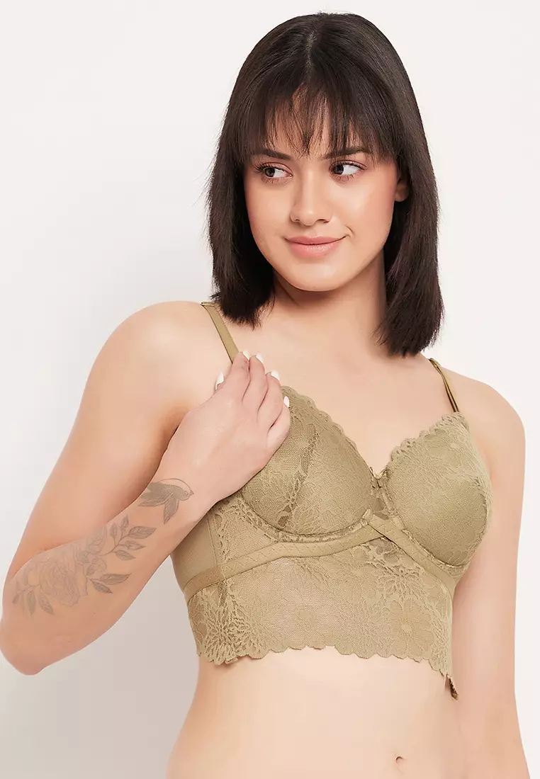 Clovia Padded Underwired Full Cup Longline Bralette in Olive Green - Lace