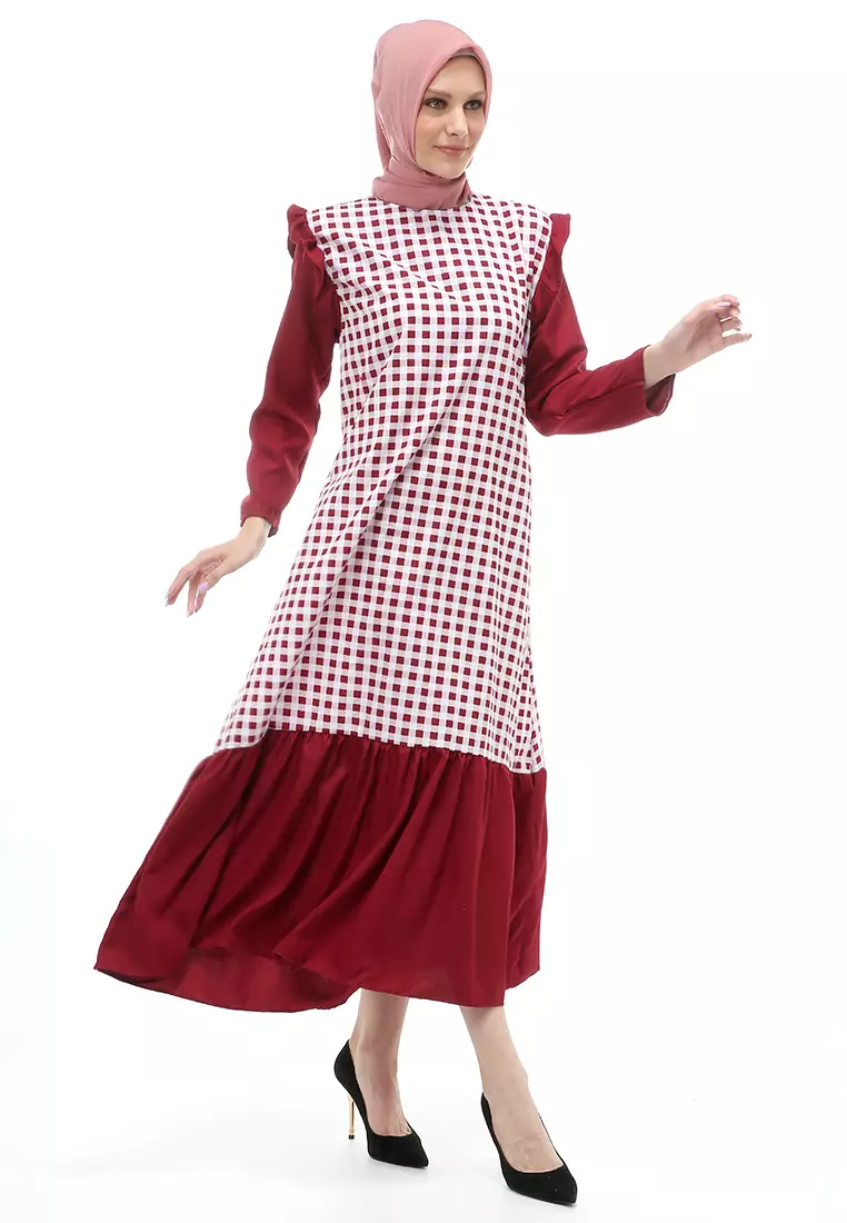 Ghina Gamis Tartan Muslimah Long Casual Wanita Regular Fit - Maroon
