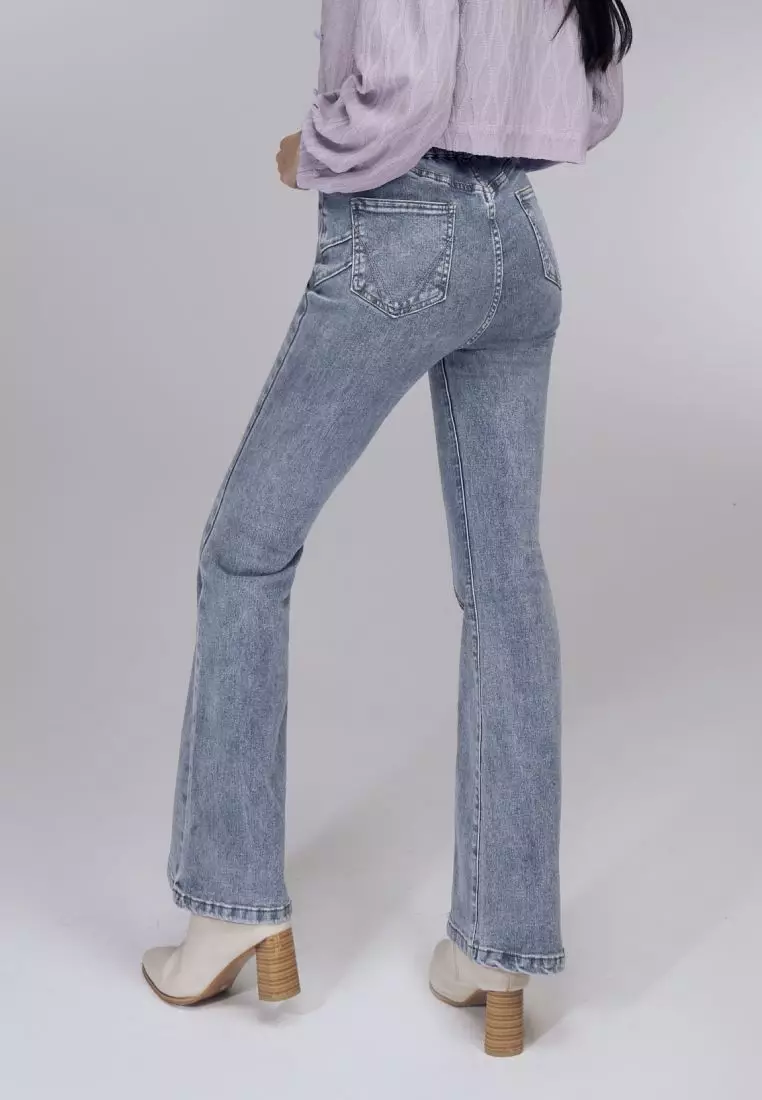 視覺細-5KG．彈力高腰造型口袋喇叭牛仔顯瘦褲《BA7587》