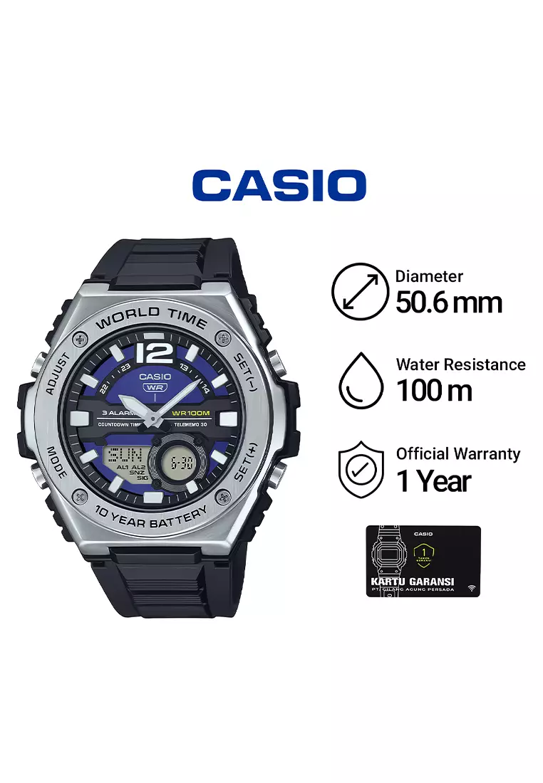 Jam Tangan Analog Digital Pria Casio MWQ-100-2AV Blue Dial - Black Resin Strap