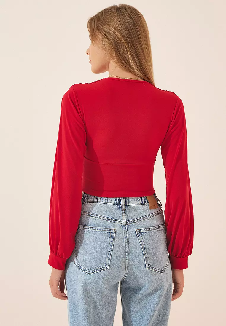 Deep V-Neck Long Sleeve Blouse