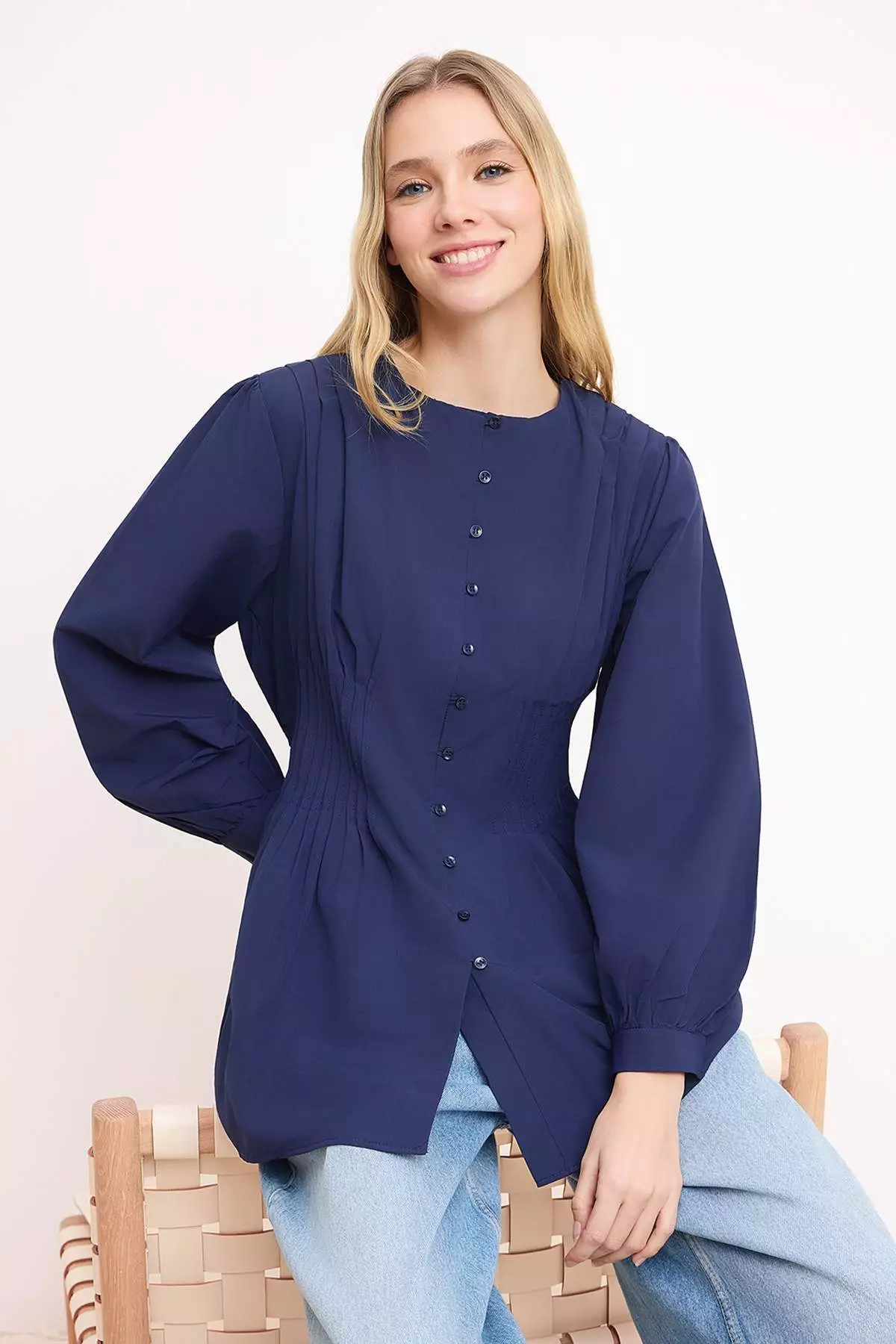 Trendyol Navy Blue Balloon Sleeve Fitted Waist Pleated Detailed
