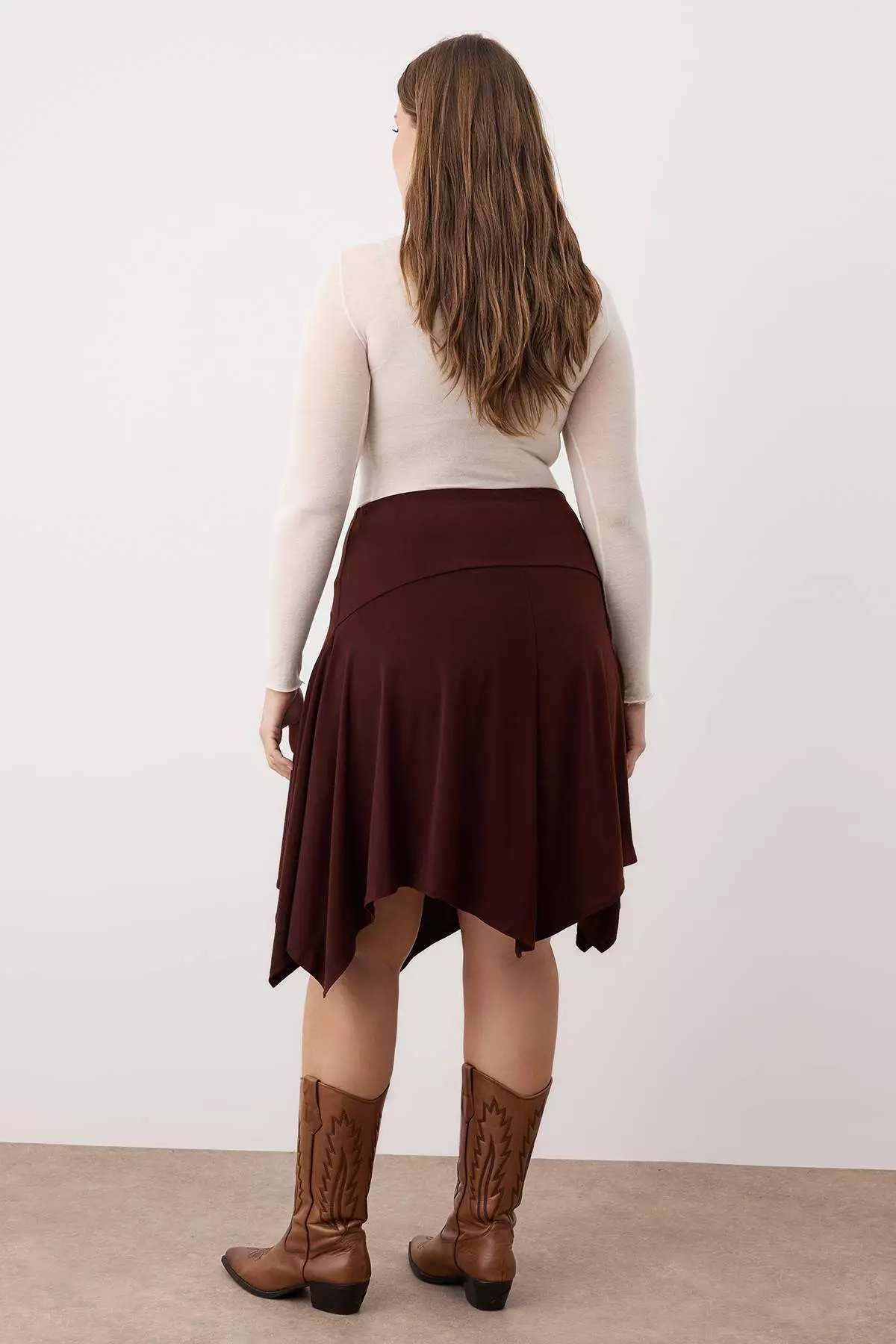 Brown Elastic Waist Skirt Asymmetrical Midi Knitted Plus Size Skirt