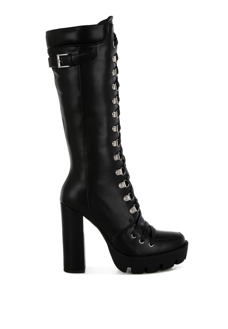 Black Cushion Collared Lace Up Boots