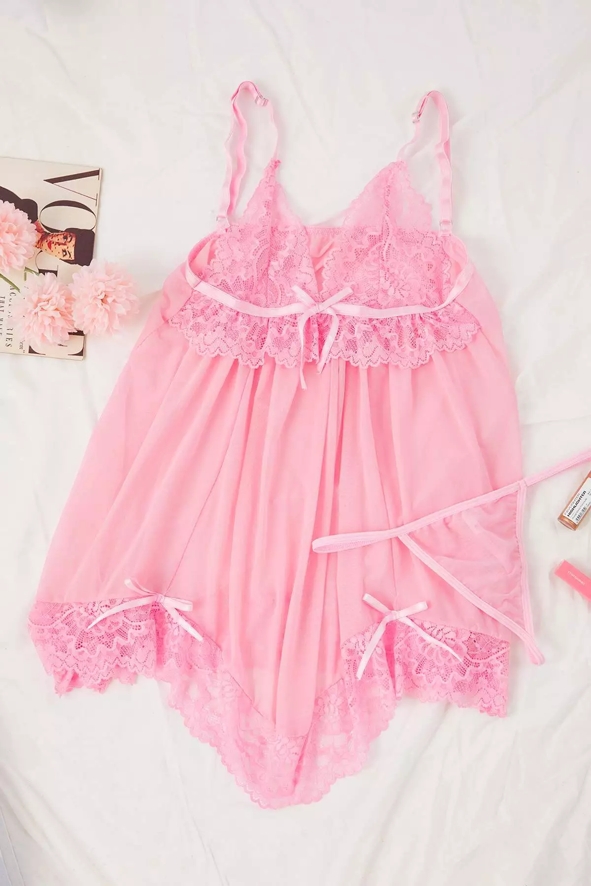 Pink Tulle Ribbon/Bow And Lace Detailed Uncovered Pantyhose Babydoll/Fantasy Nightgown