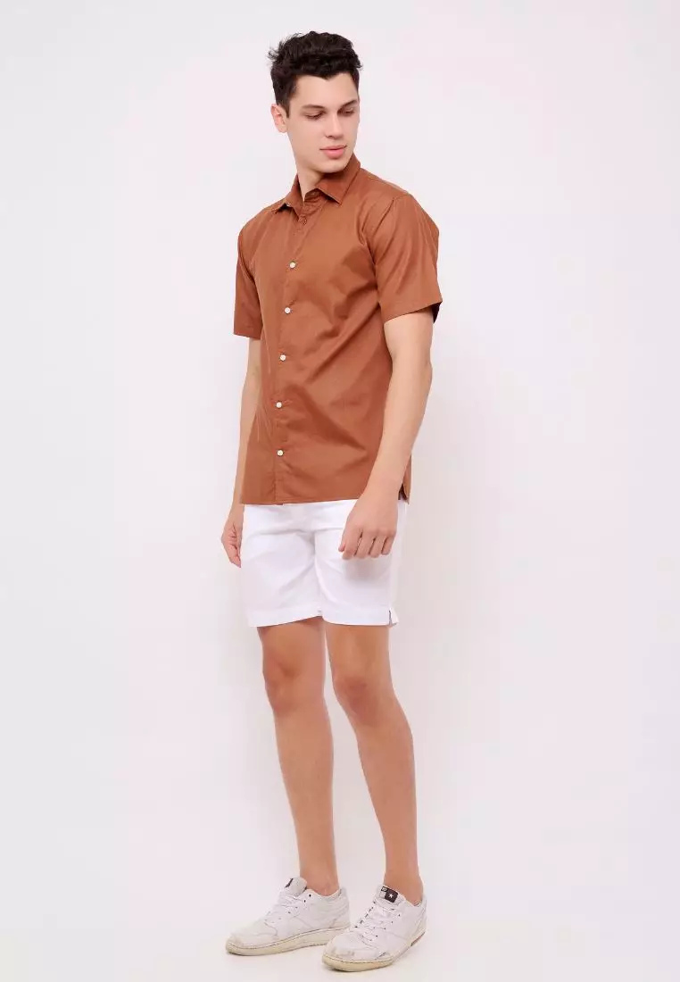 Luca Kemeja Pendek Pria Katun Organik Wood Coklat | Organic Cotton Short Sleeves Shirt Men Brown