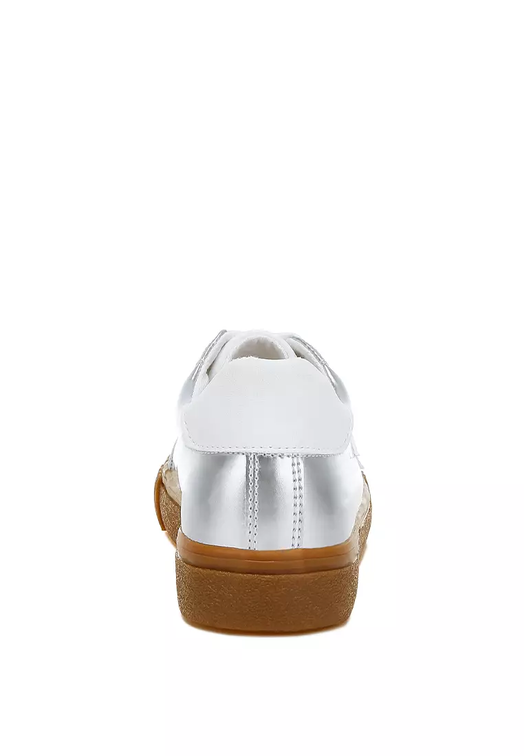 Metallic Faux Leather Star Sneakers in Silver