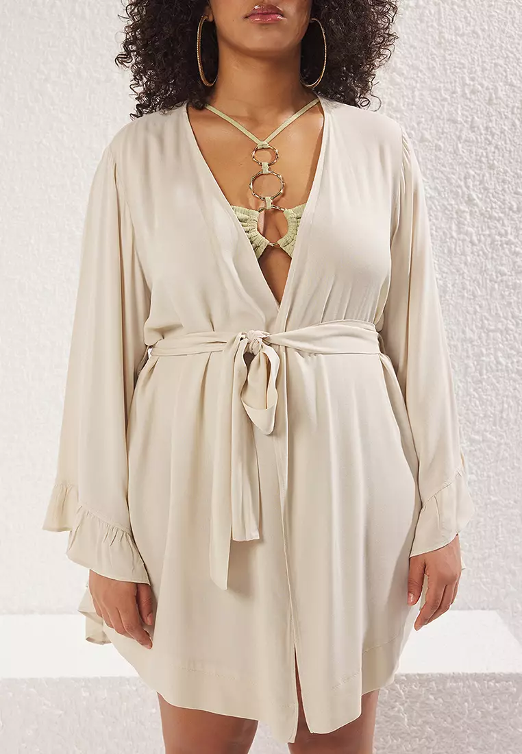 Ecru Sleeve Frilled Flounce Viscose Beachwear Woven Plus Size Kimono&Caftan TBBSS23DE00001