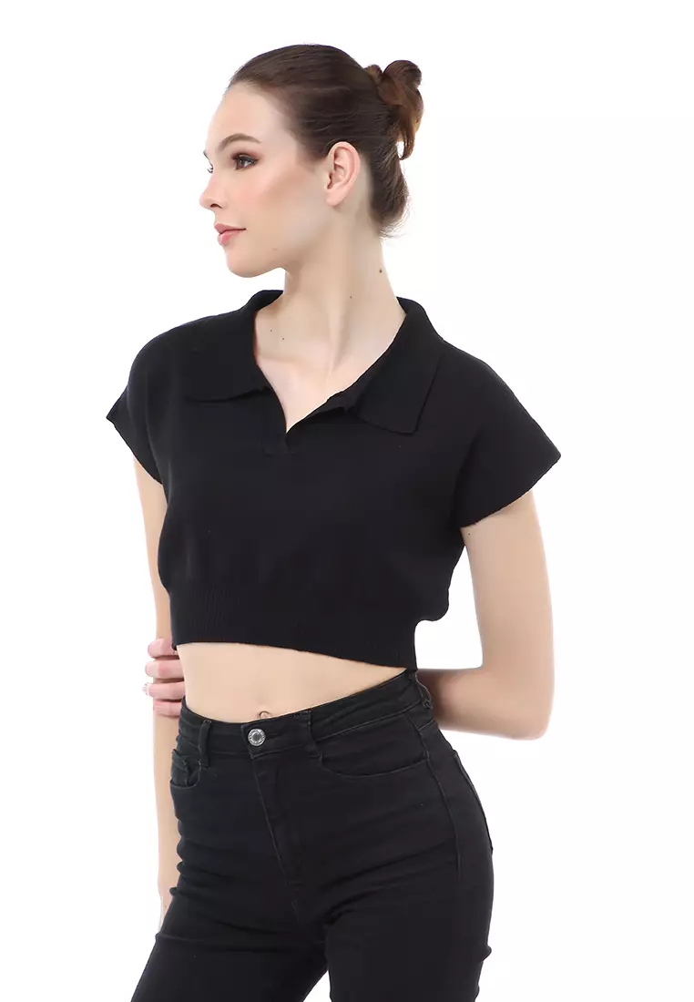 Albertine Atasan Crop Wanita Lengan Pendek Blouse Kerah Material Rajut ORIGINAL - Black