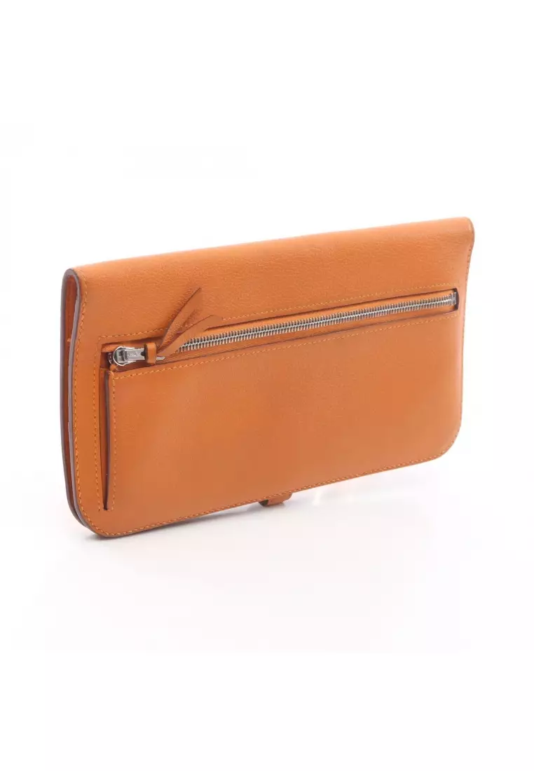 Pre-Loved Hermès dogon long Bi-fold Long Wallet Evercolor orange silver hardware D stamp