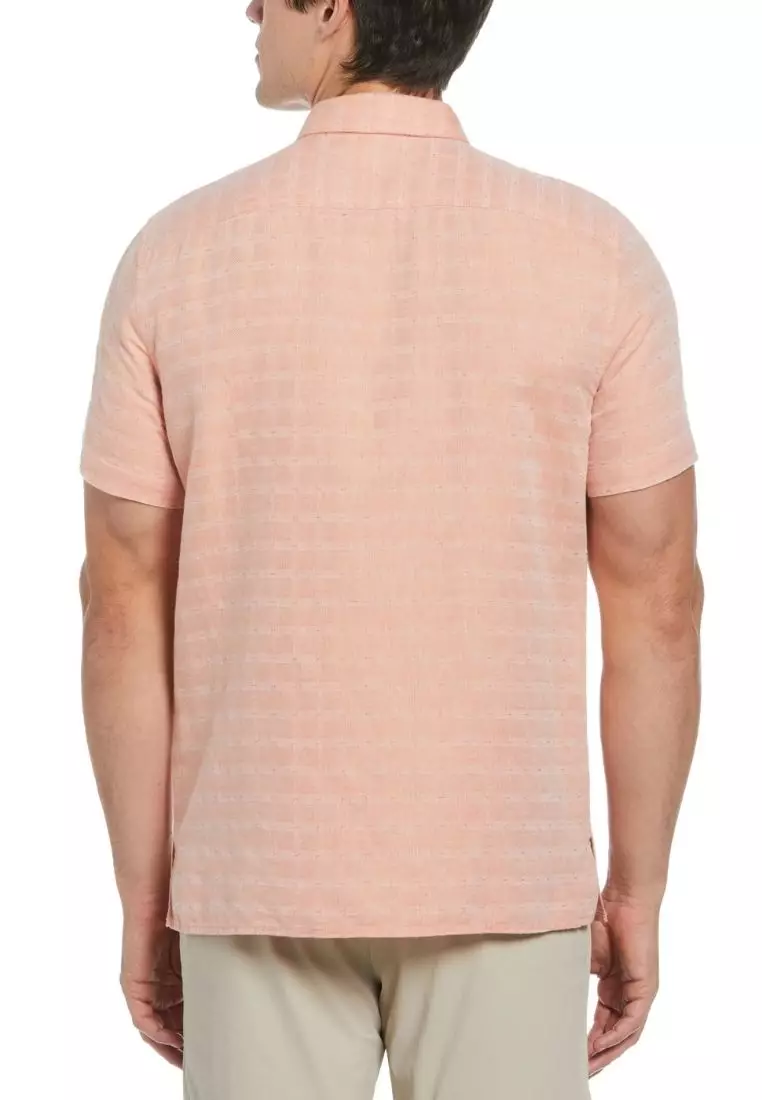 Linen Blend Plaid Print Short Sleeve Button-Down Shirt