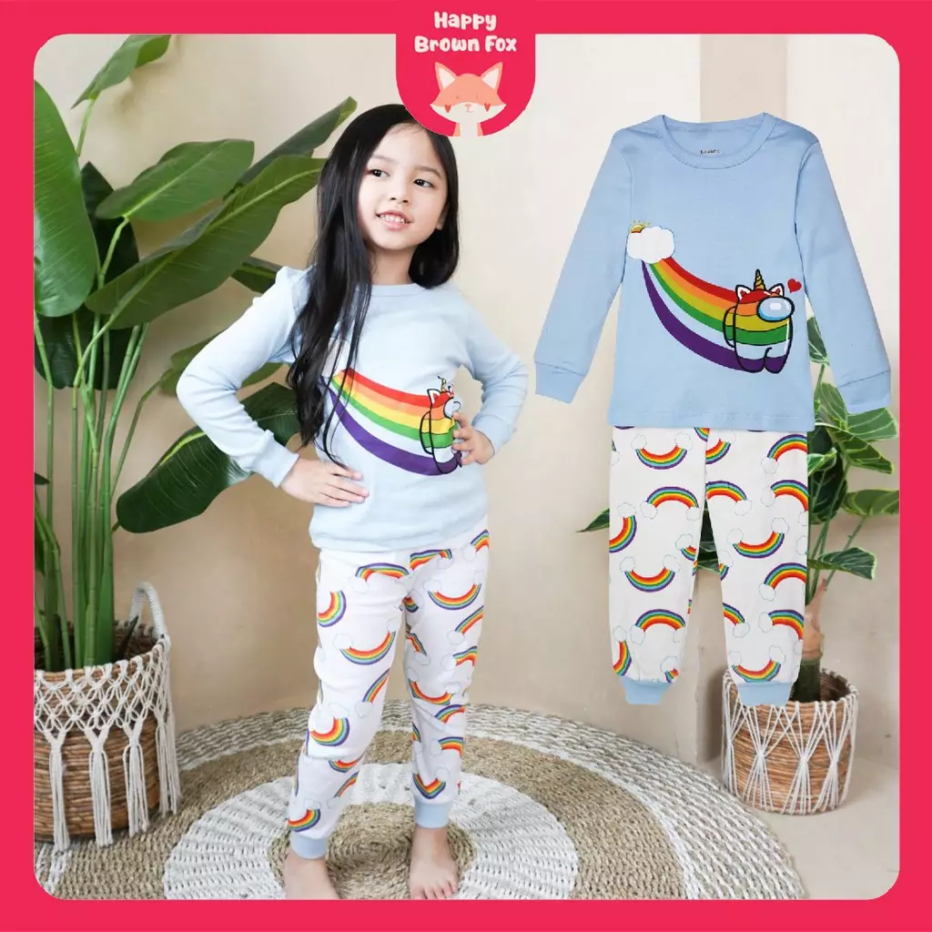 BAJU TIDUR PIYAMA ANAK SETELAN ANAK PEREMPUAN LENGAN PANJANG - among us cloud rainbow
