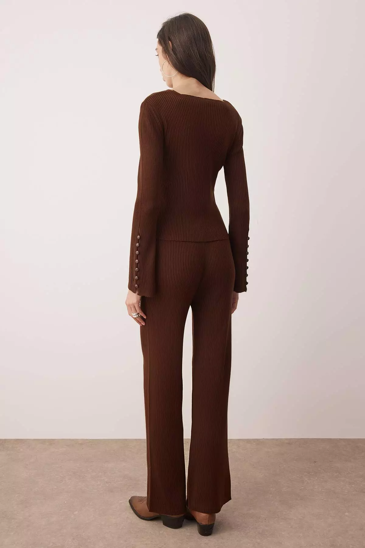 Brown Square Neck Body-Hugging Knitwear Bottom - Top Set