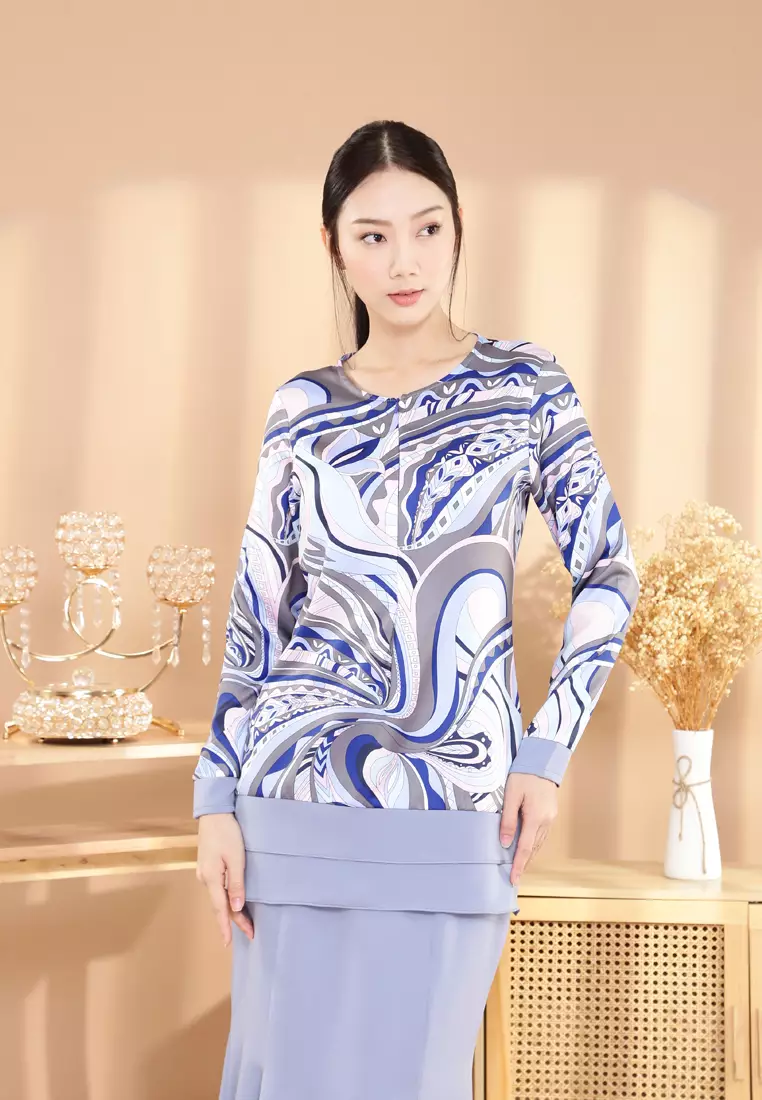 Ivy Kurung Modern layers Printed in Electric Blue Batik