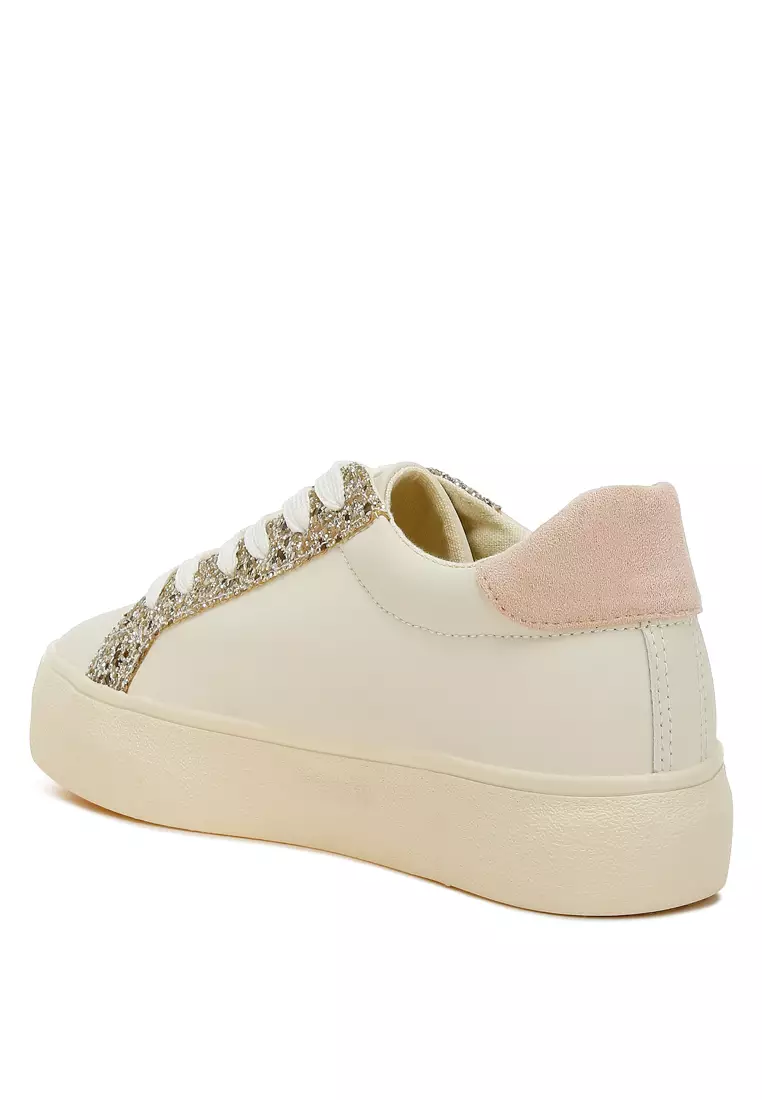Metallic Star Glitter Sneakers in Beige Light Gold