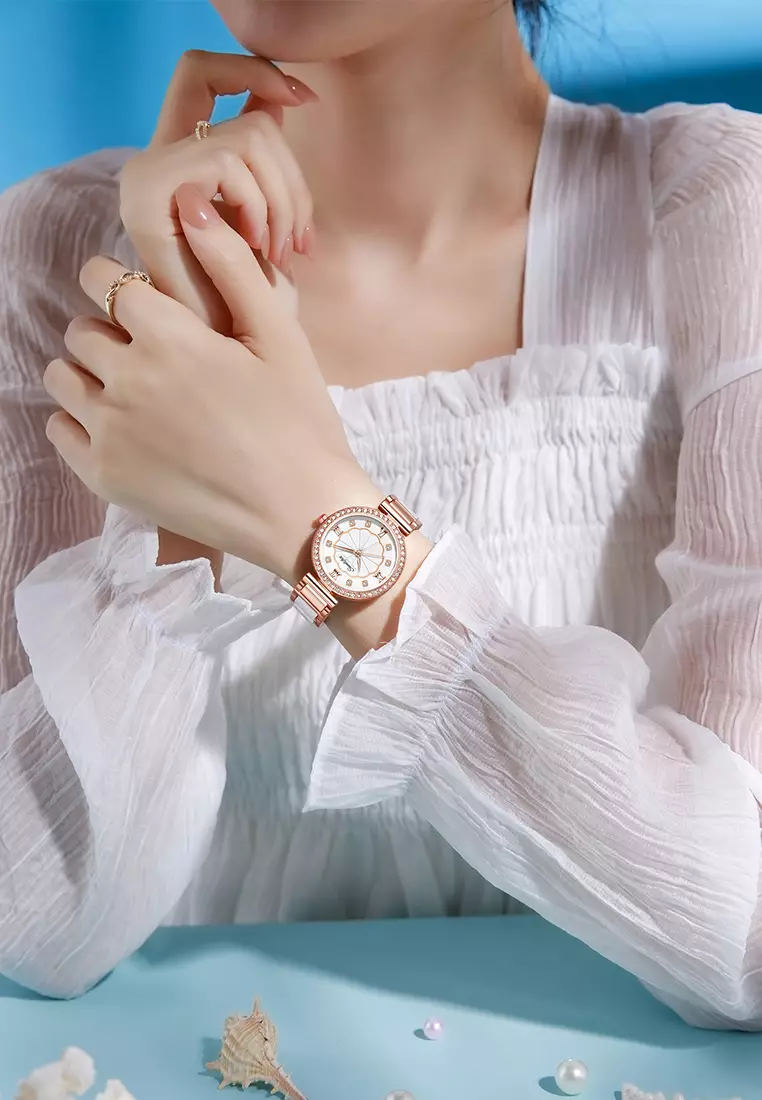 Jam Tangan Wanita 6032 Kuarsa Tali Stainless Steel Berlian Anggun Santai Jam Tangan Cewek white