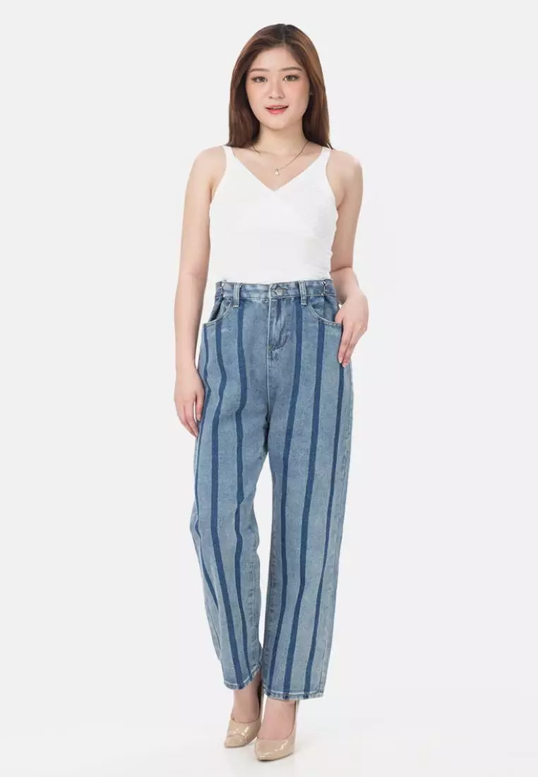 Unwashed Strip Straight Jeans