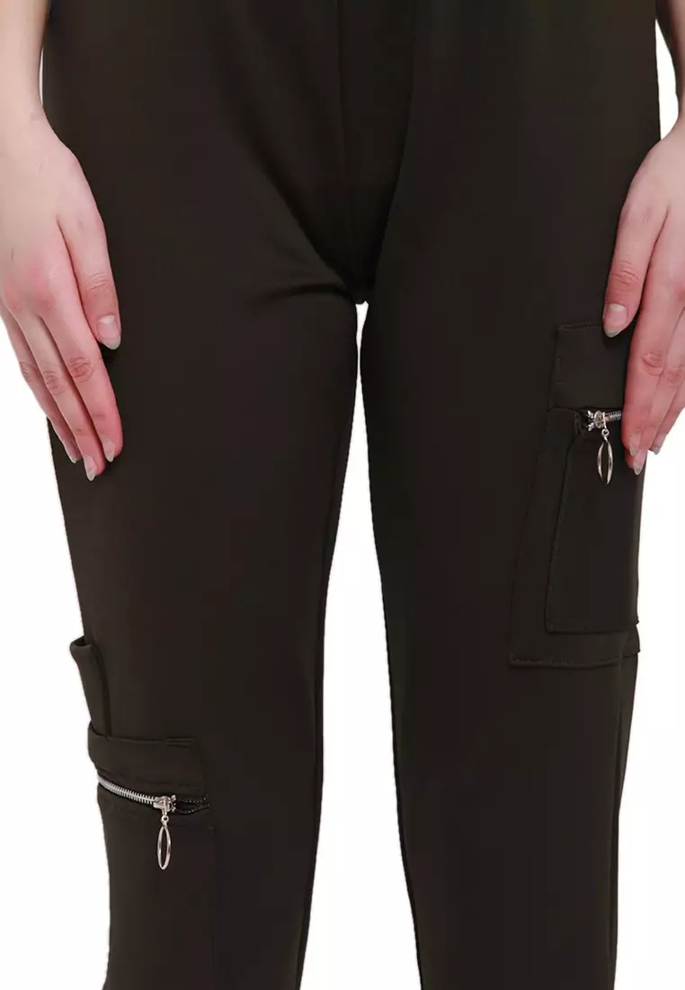 Levana Celana Jogger Zipper Long Pants Rubbery Waist Bawahan Wanita - Hijau Army