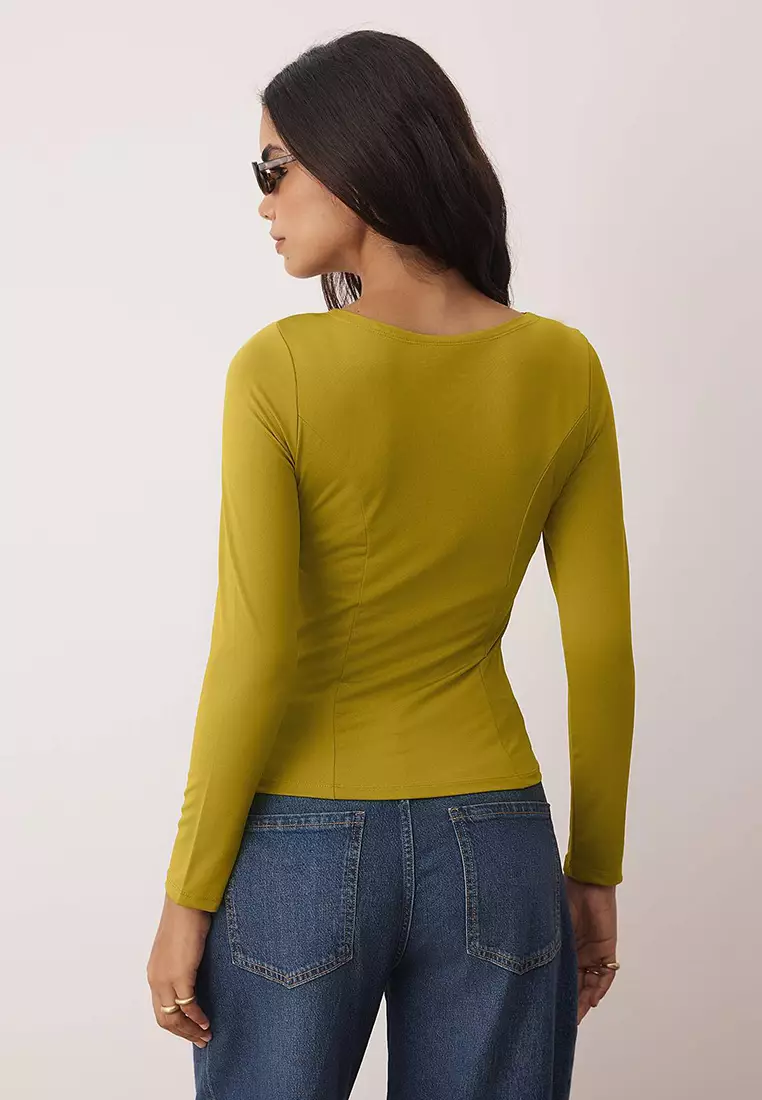 Oil Green Fitted Long Sleeve Boat Neck Flexible Knitted Blouse Twoaw26Bz00108