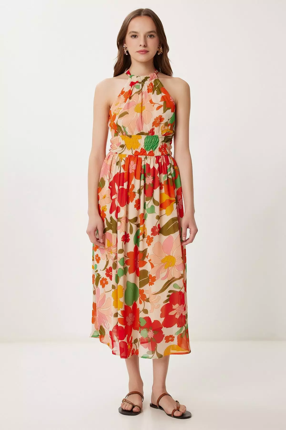 Women's Orange Pink Patterned Flounced Midi Chiffon Dress Fg00029