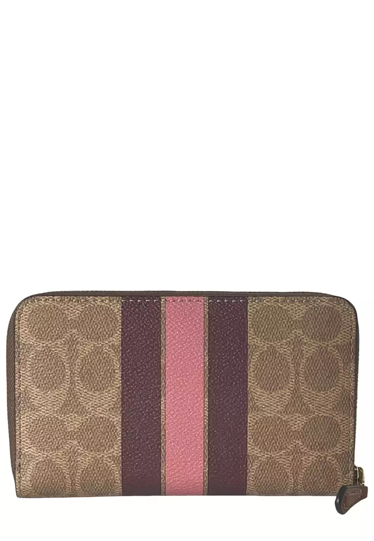 Medium Id Zip Wallet In Signature Canvas With Varsity Stripe - Tan Multi CBO79