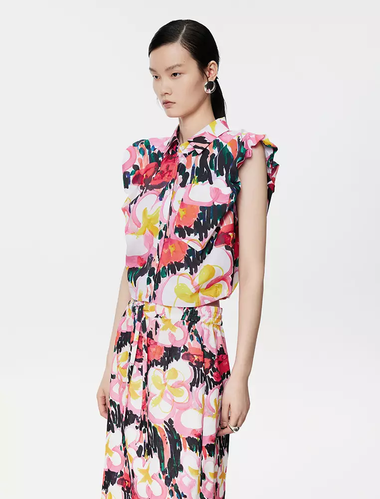 Pleated Printed Sleeveless Shirt