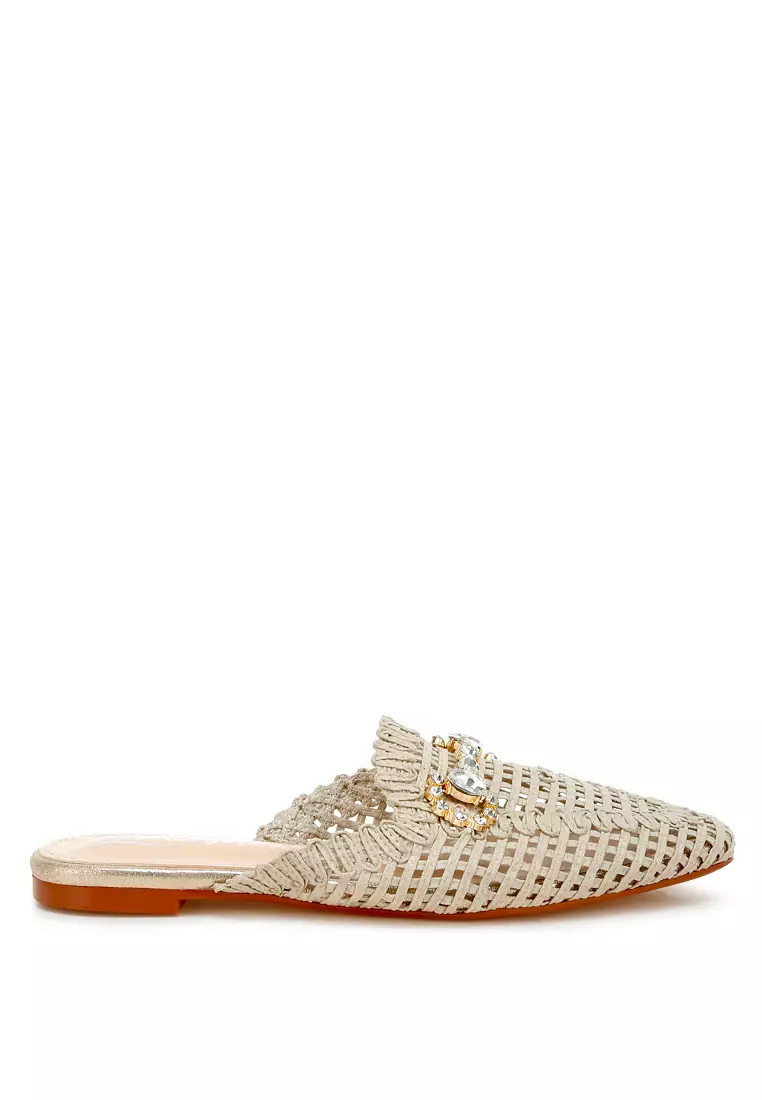Metallic Woven Diamante Mules in Beige