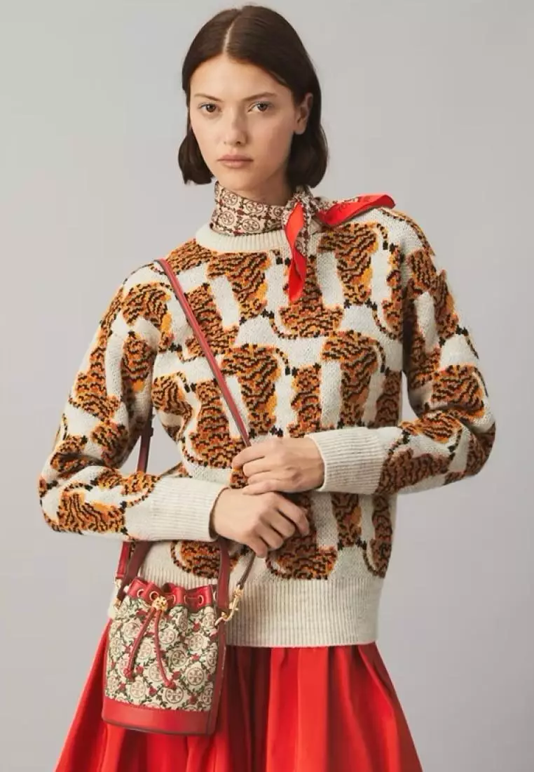 Tory Burch T Monogram Embroidered Mini Bucket Bag Hazelnut