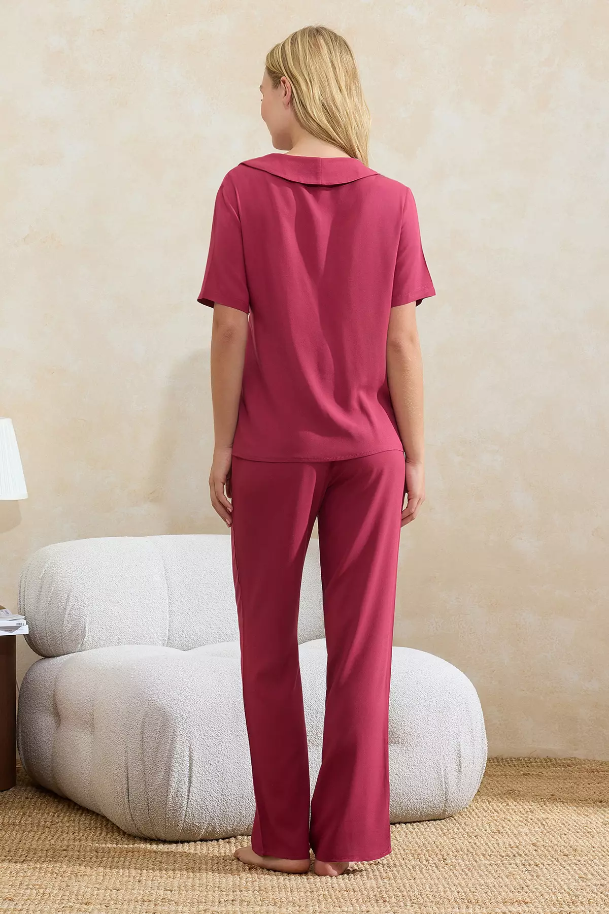 Burgundy Double-Breasted Collar Tie Detail Viscose Woven Pajama Set Thmss26Pt29