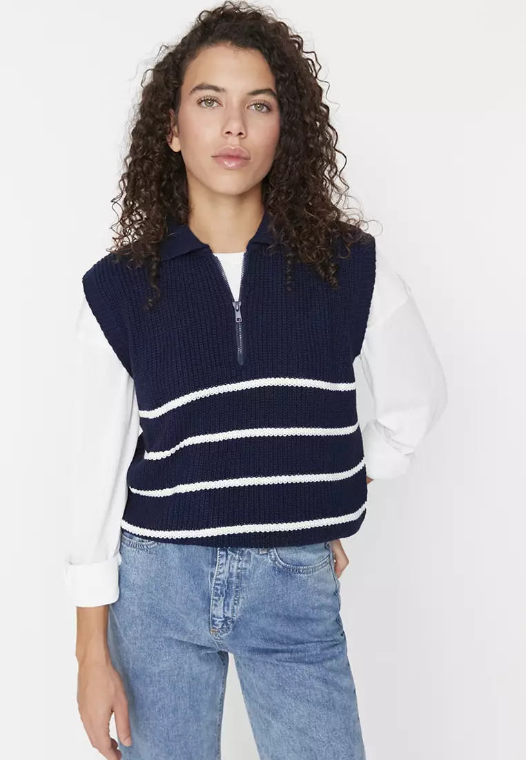 Zipper Striped Knit Vest