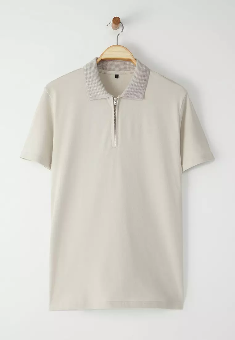 Stone Regular/Normal Cut Zippered 100% Cotton Polo Neck T-Shirt