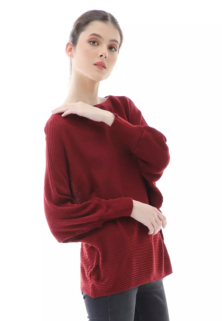 Eveline Sweater Rajut Batwing Atasan Wanita Motif Polos High Quality - Maroon
