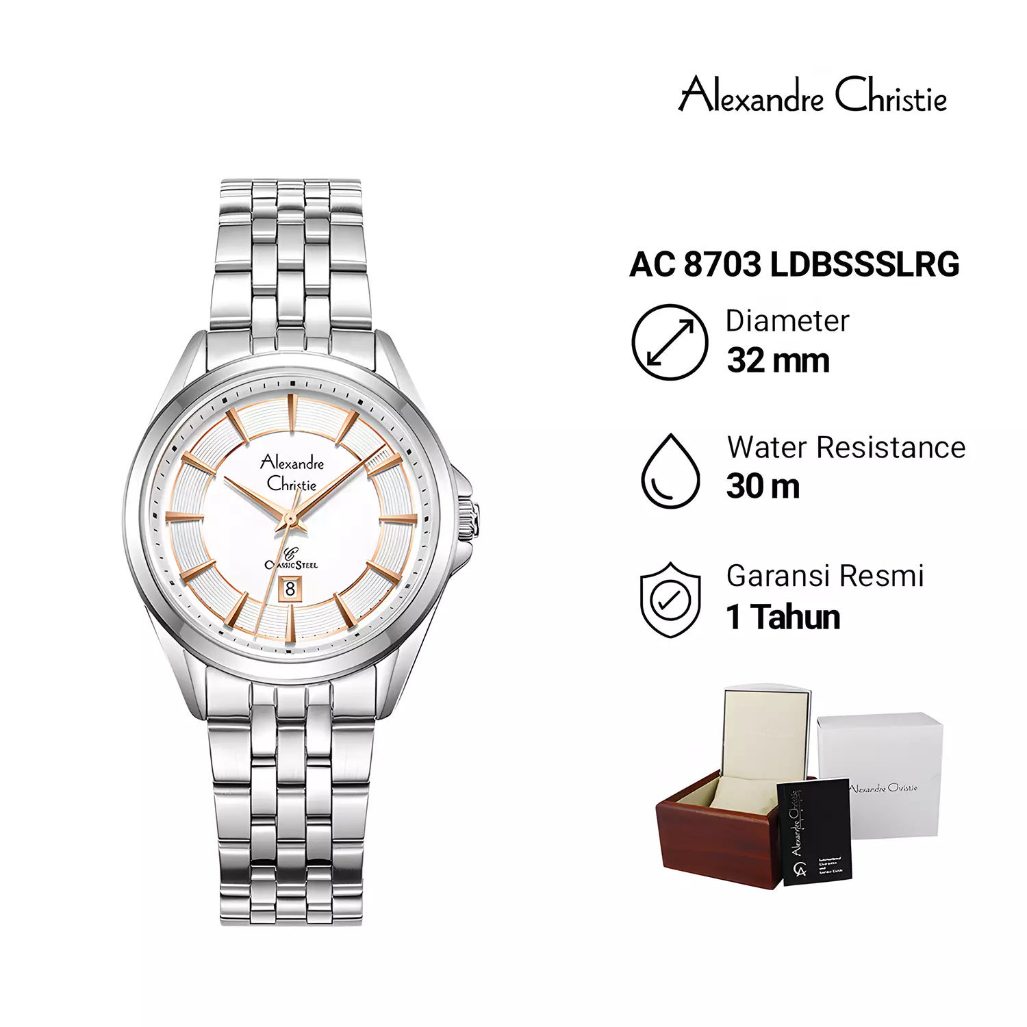 Jam Tangan Analog Wanita - Classic Series - Silver Stainless Steel - 8703 LDBSSSLRG