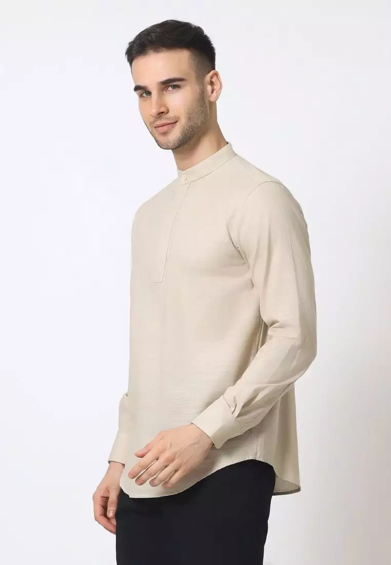 Cotton Well Oman Henley Shirt Cream │Kemeja Koko Basic Lengan Panjang Krem