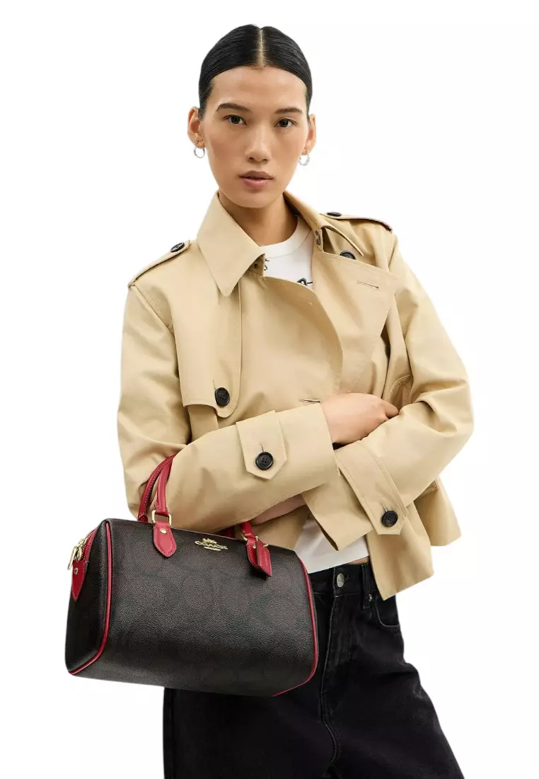 Rowan Satchel Bag In Signature Canvas - Walnut/True Red