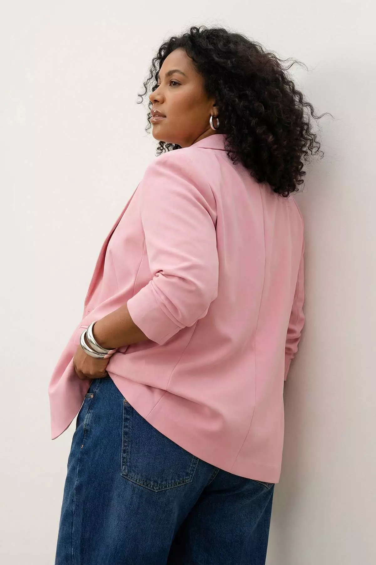 Light Pink Double Closure Woven Blazer Plus Size Jacket Tbbss22Ce0180