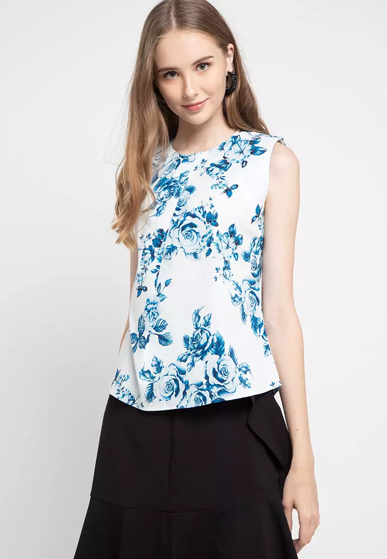Onna Blouse In White-Navy Print