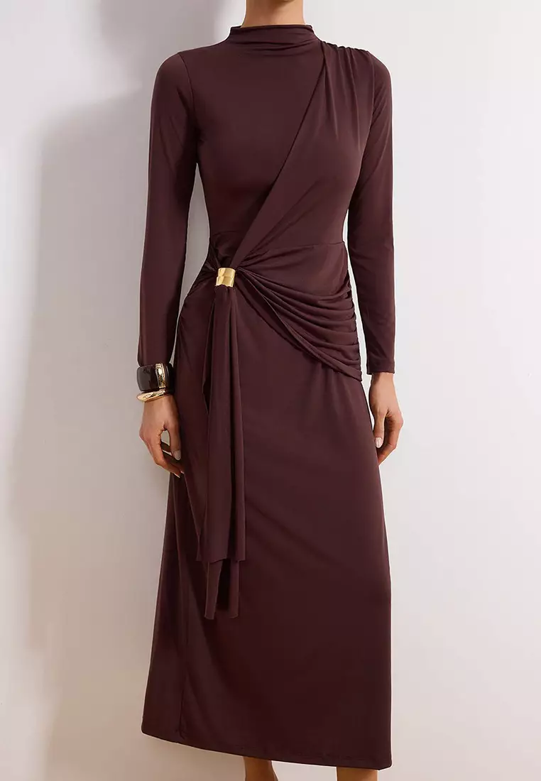 Brown Unlined Plain Knitted Buckle Detail Sandy Hijab Dress Tctss26Eb00058