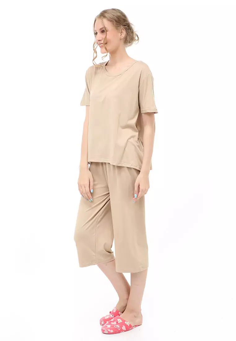 Vance Setelan Piyama Baju Tidur Wanita Celana Pendek 7/8 Material Spandex ORIGINAL - Khaki