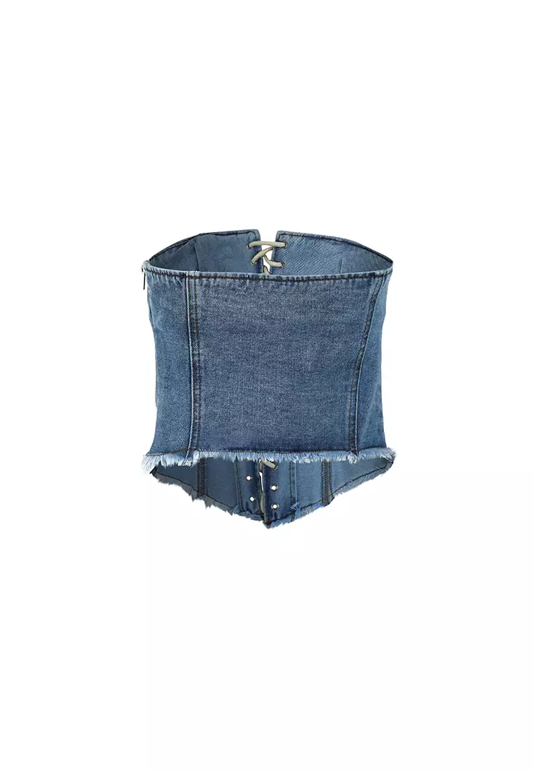 Jeans Biru Atasan Korset Denim Renda