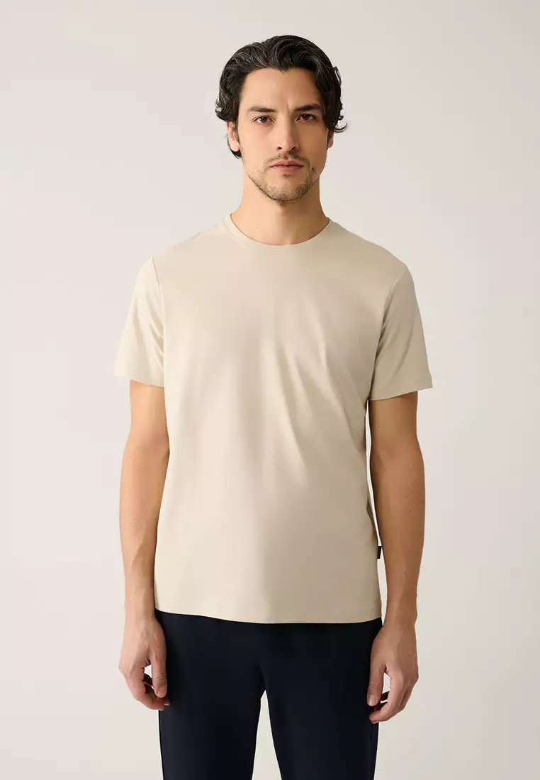 Men's Beige 100% Cotton Breathable Crew Neck T-Shirt E001000