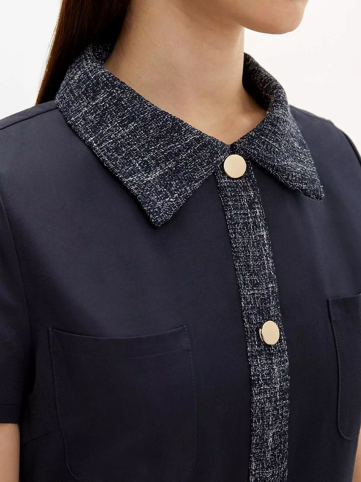 Buttoned Tweed Dress - Navy